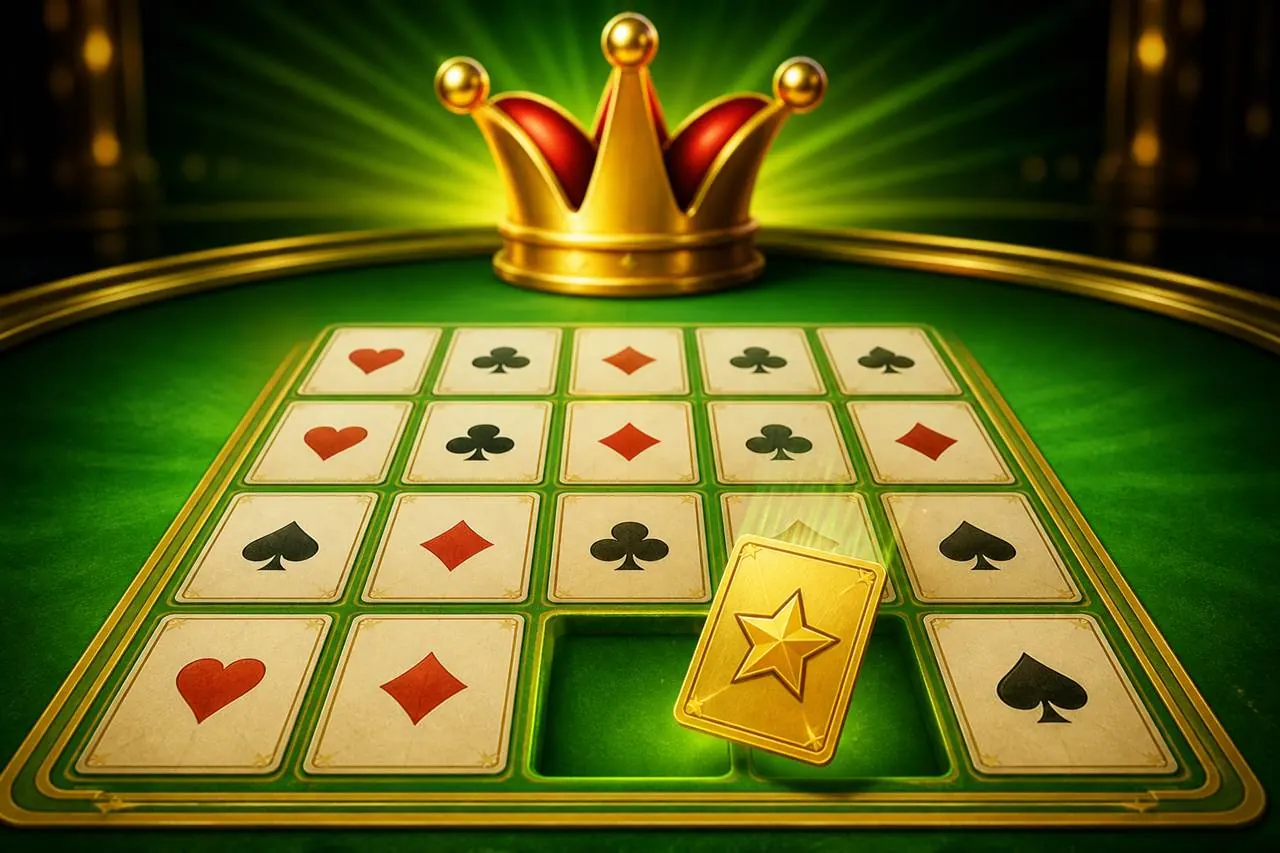 Four by five playing-card grid on a neon green sunburst table with one gold star card dropping into an empty slot